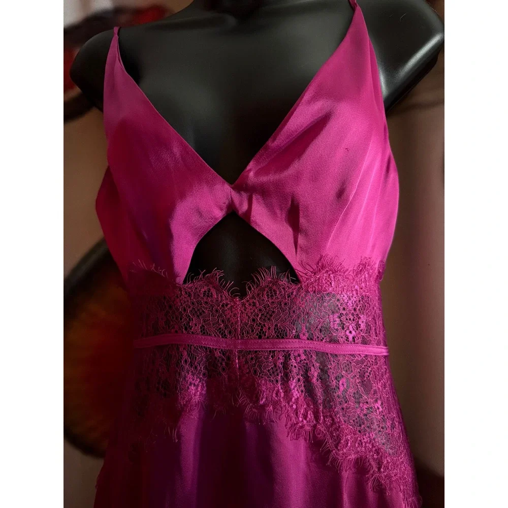 FORE Magenta Satin Lace Cutout Midi Dress Pink V-Neck Open Back Evening Gown S - Picture 2 of 5